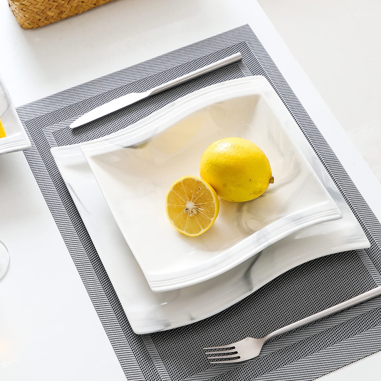 MALACASA Square Plate Set, 12-Piece Marble Plates and Bowls Sets for 6, Porcelain Dish Set with Dinner Plates and Pasta Bowls, Modern Dinnerware Sets, Kitchen Plate Bowl Set, Series Flora