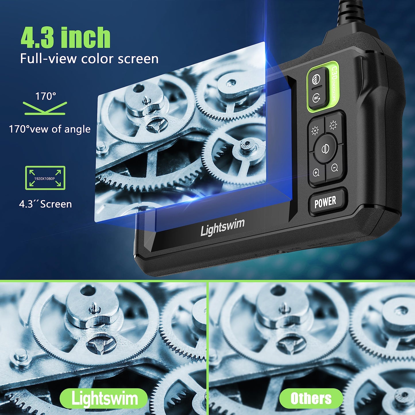 Lightswim Industrial Endoscope Inspection Camera, 4.3" IPS Borescope Sewer Camera with Handheld IP67 Waterproof Snake Camera with 8 LED Lights 16.5FT Semi-Rigid Cable