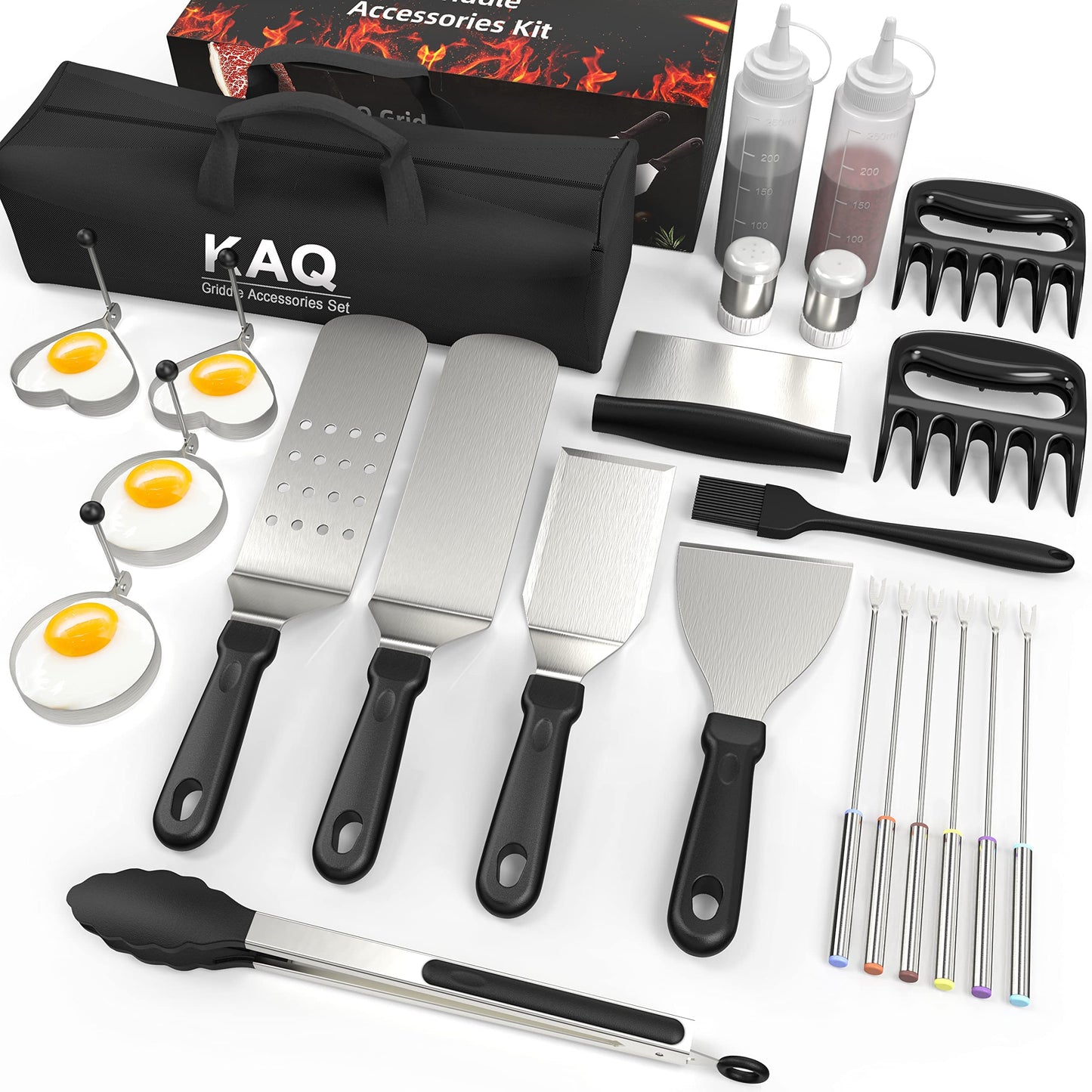 25 PCS Griddle Accessories Set, Professional Flat Top Blackstone Griddle Grill Kit, with Spatula Tools, Scraper, Tongs, Egg Rings, Carrying Bag for Indoor & Outdoor BBQ Cooking, Dishwasher Safe