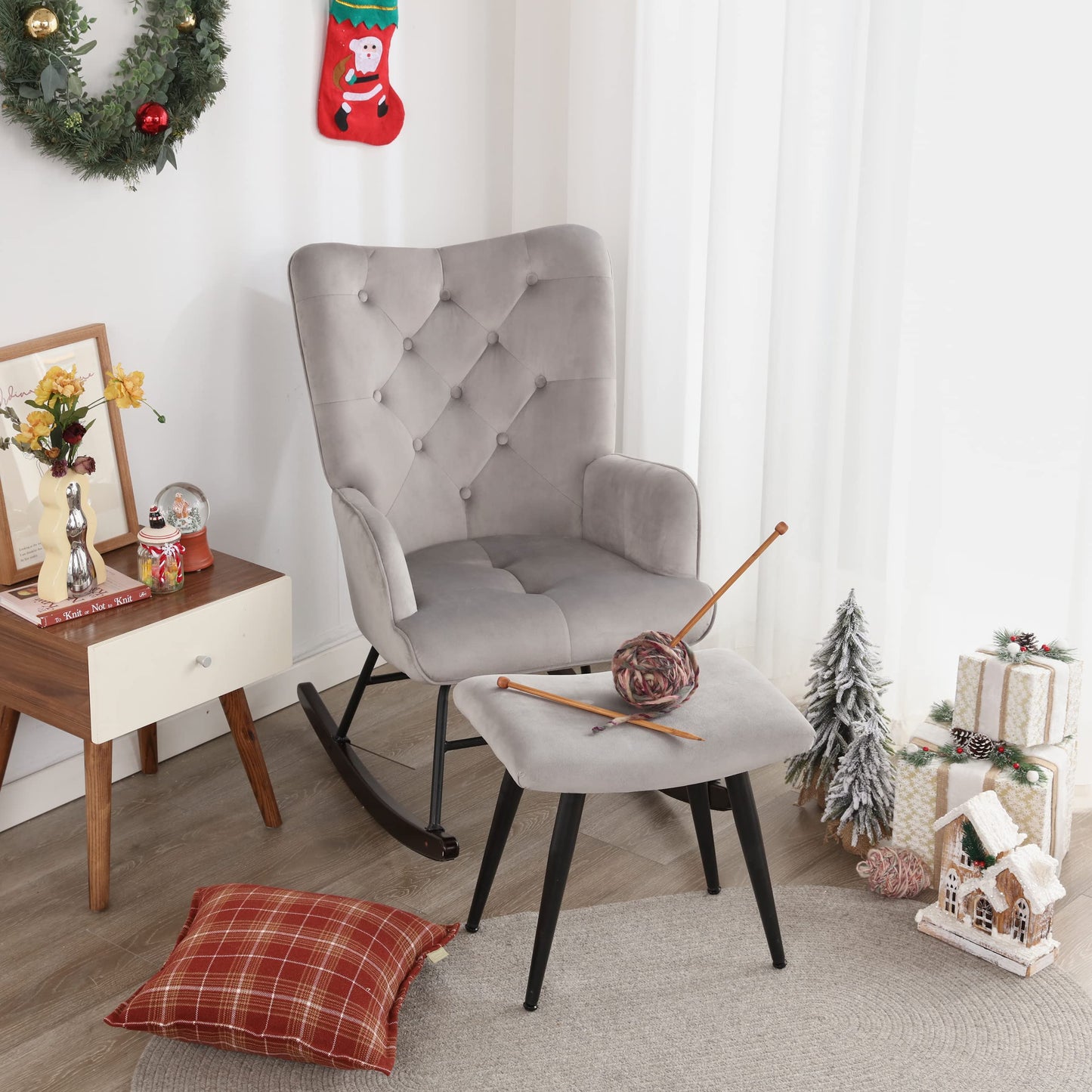 Iroomy Velvet Rocking Chair Nursery Glider Chair, Comfy Nursery Rocking Chairs W/Ottoman, Small Nursing Chair Rocking Chair Indoor, Modern Nursery Chair Rocker for Baby/Kids Living Room/Bedroom-Grey