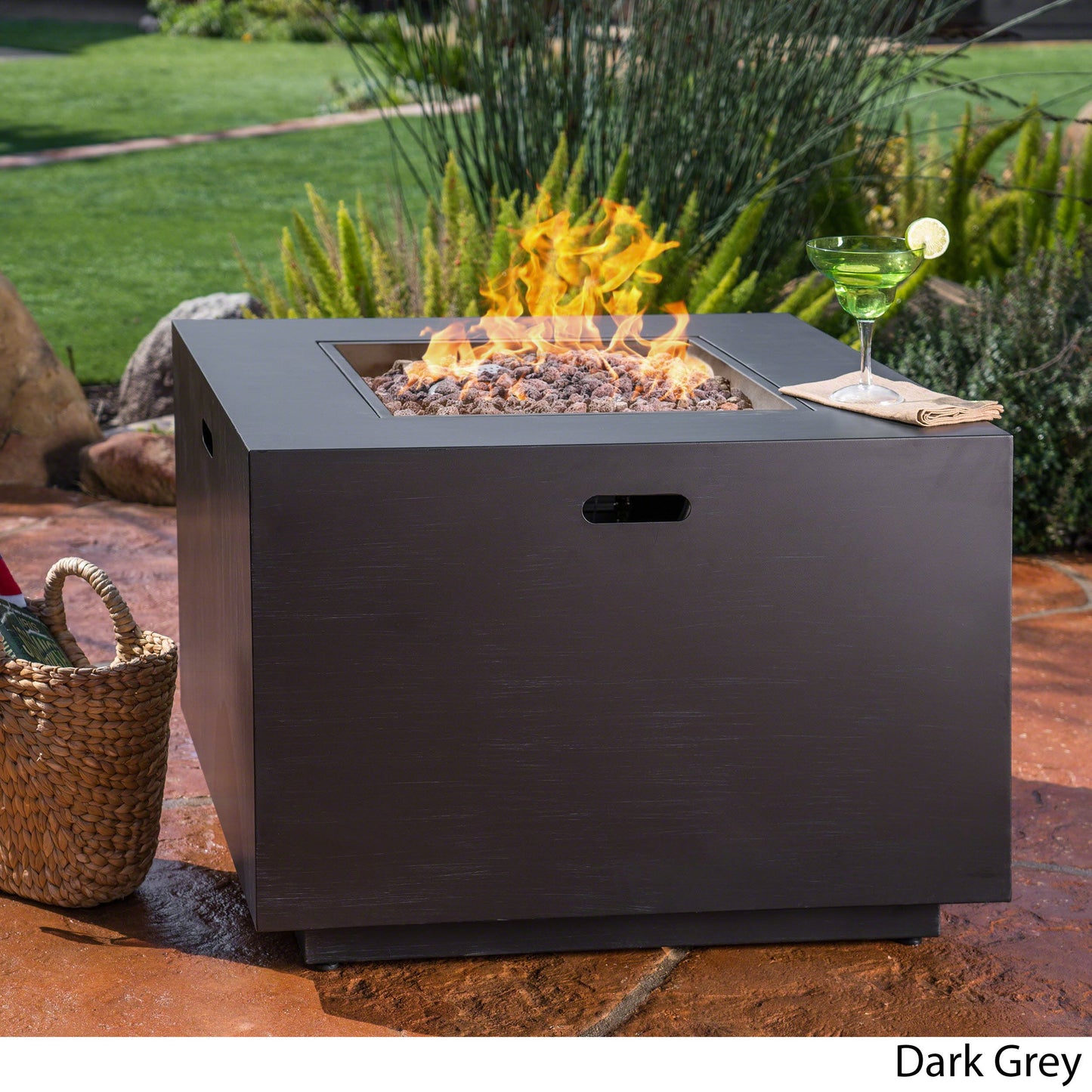 Christopher Knight Home Wellington Outdoor Iron 33" Square Fire Pit - 50,000 BTU, Dark Grey