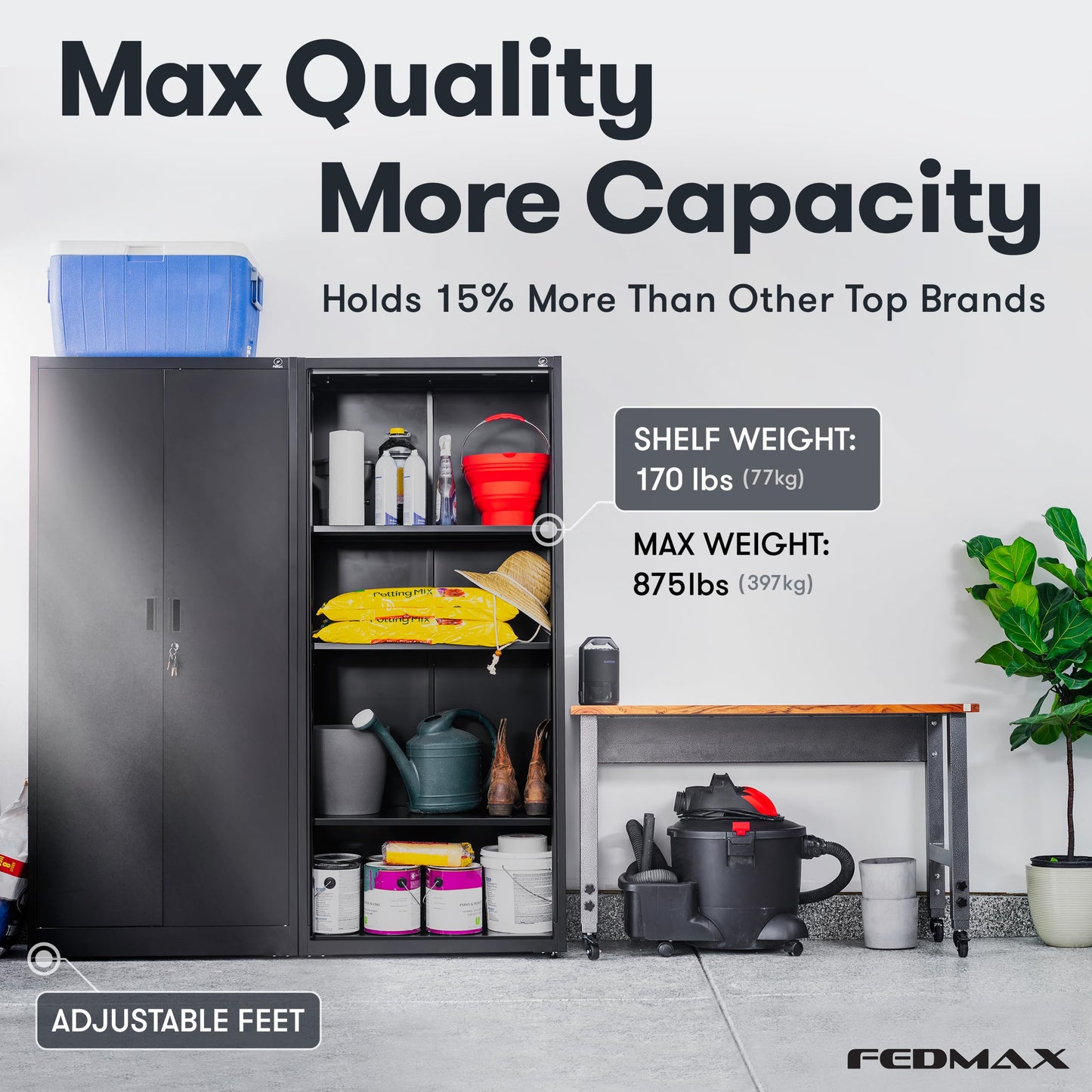 Fedmax Heavy Duty Metal Garage Storage Cabinet - 71-inch Tall Large Steel Utility Locker with Adjustable Shelves & Locking Doors - Garage Cabinets for Tool Storage and Ammo Locker - Black and Silver