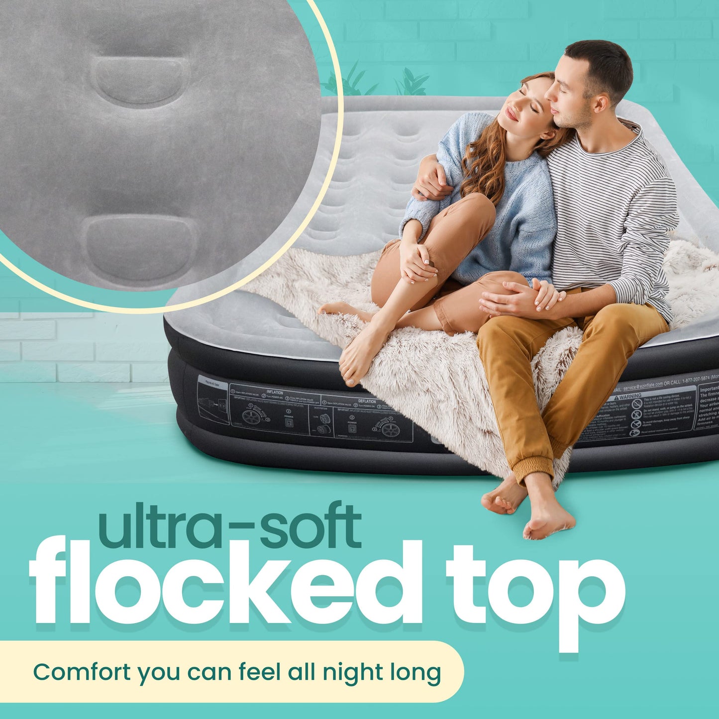 EZ INFLATE Air Mattress with Built in Pump - Queen Size Double-High Inflatable Mattress with Flocked Top - Easy Inflate, Water