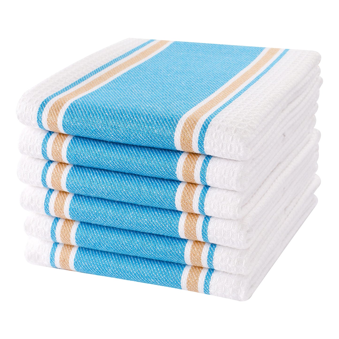 Goroly Home 6 Pack 100% Cotton Farmhouse Vintage Dish Towels Tea Towels Highly Absorbent Quick Dry Professional Grade with Hanging Loop - Twill Waffle - 18x28 Inch - Turquoise Blue