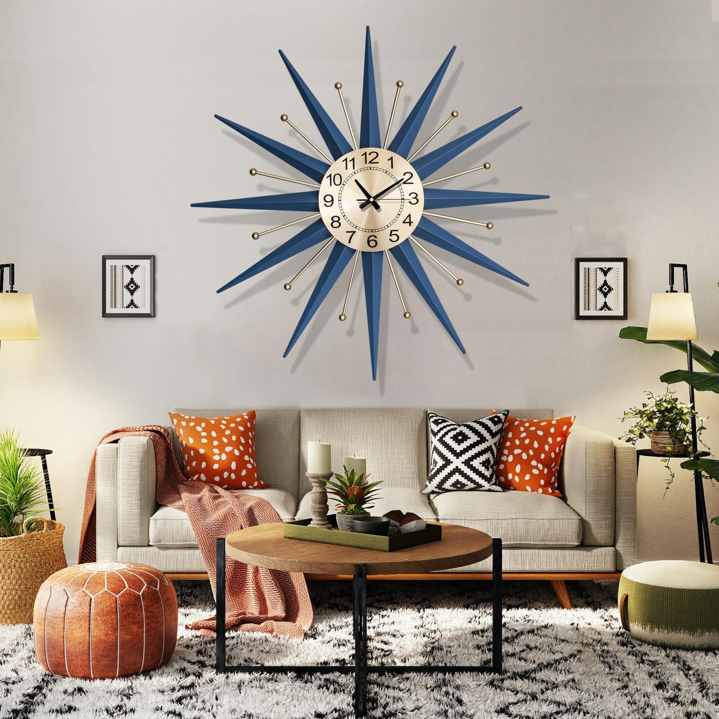 HAOWANJP Large Wall Clock Metal Decorative, Mid Century Silent Non-Ticking Big Clocks, Modern Home Decorations for Living Room,Bedroom,Dining Room, Office, 22 Inch
