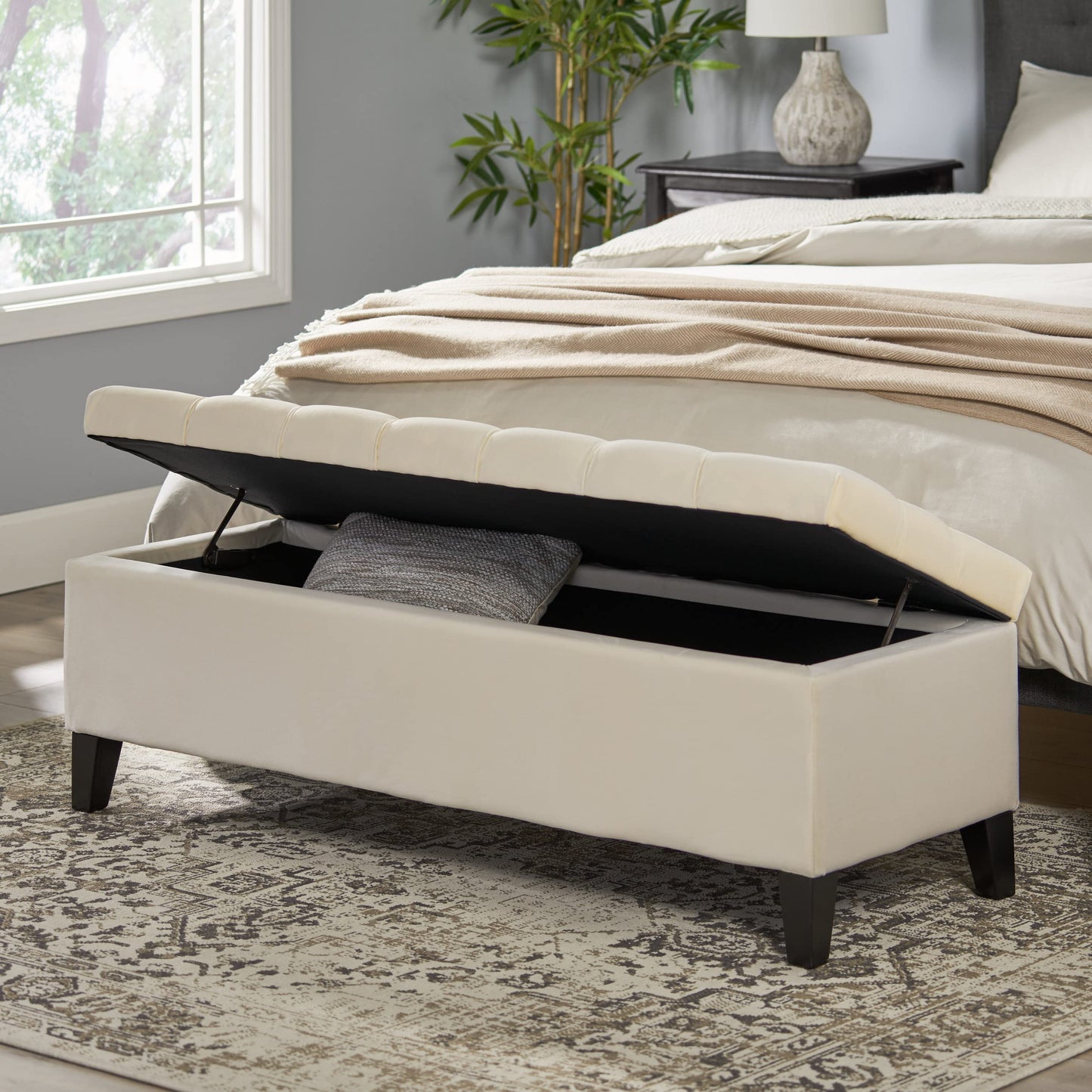 Christopher Knight Home Ottilie Velvet Storage Ottoman, Ivory 17.5”D x 51.0”W x 17.00”H