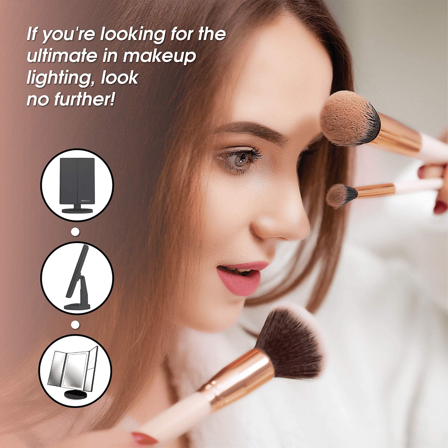 Beautyworks Backlit Makeup Vanity Mirror 36 LED Lights Touch-Screen Light Control, Tri-Fold 1/2/3X Magnification, Portable High-Definition Cosmetic Magnifying Personal Makeup Mirrors (Midnight Black)