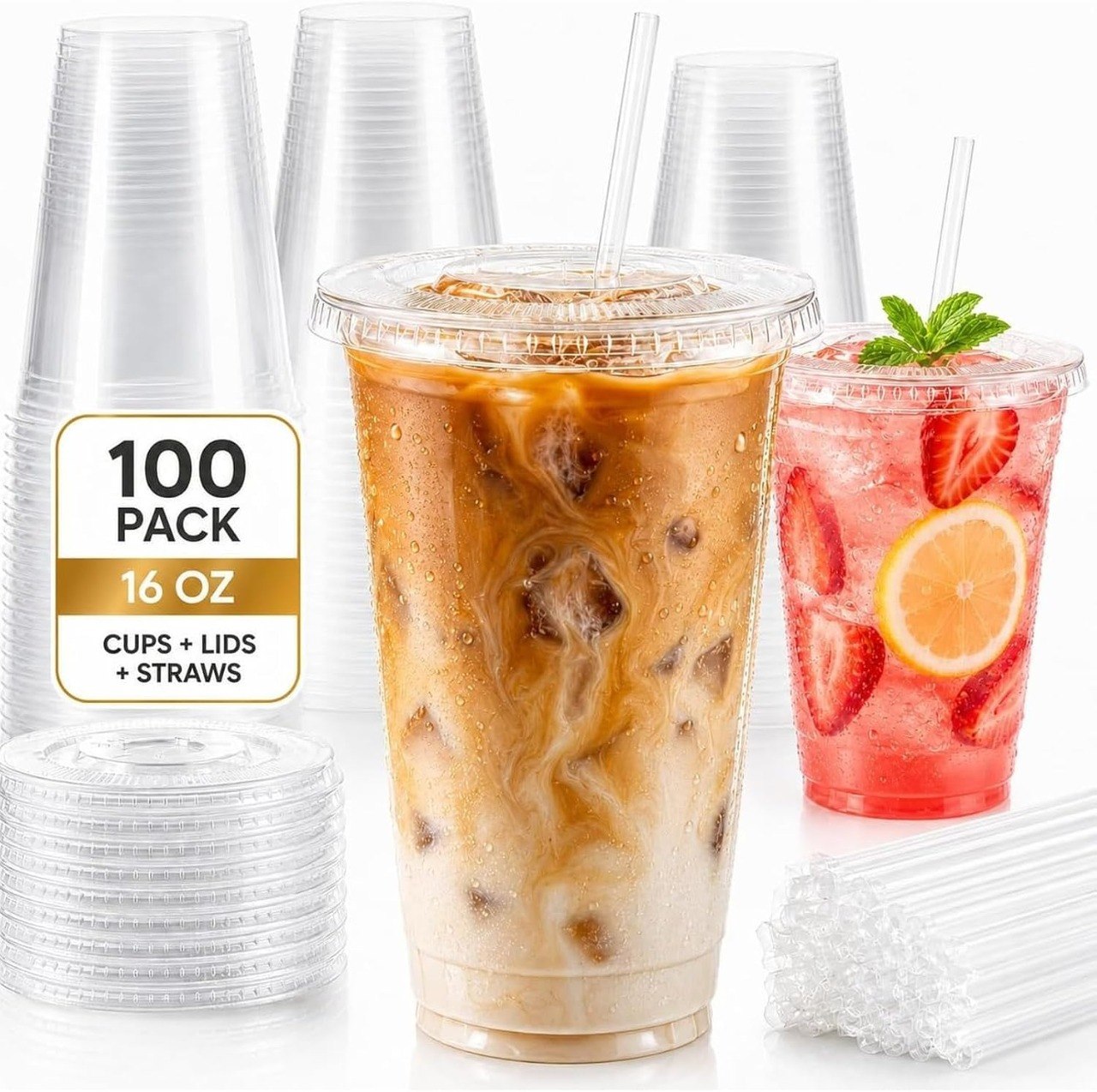 100 Pack 16 oz Plastic Cups with Lids and Straws