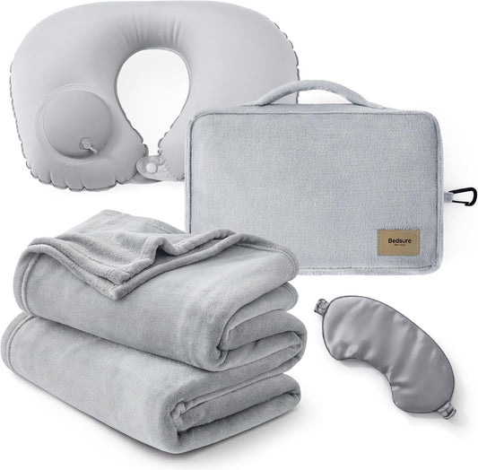 Bedsure Travel Blanket with Inflatable Neck Pillow Set