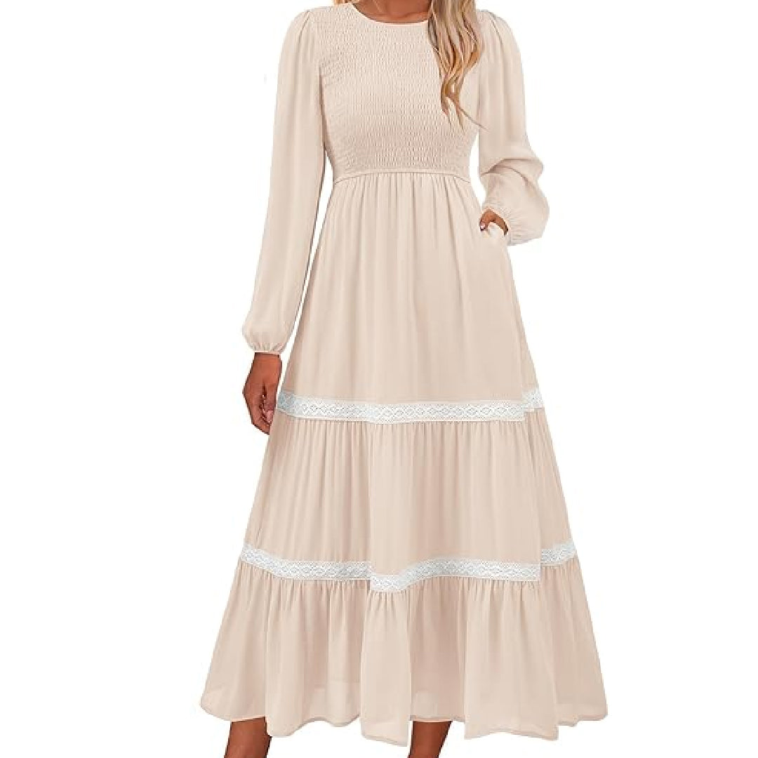 KIRUNDO Womens Fall Dresses 2024 Long Sleeve Wedding Guest Smocked Tiered Lace Trim Boho Flowy Long Dress with Pockets(Beige White, Large)