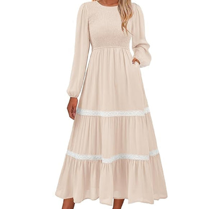 KIRUNDO Womens Fall Dresses 2024 Long Sleeve Wedding Guest Smocked Tiered Lace Trim Boho Flowy Long Dress with Pockets(Beige White, Large)