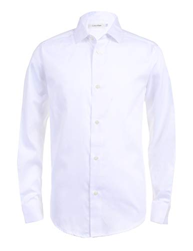 Calvin Klein Boys' Long Sleeve Sateen Dress Shirt, Button-down Style With Buttoned Cuffs & Shirttail Hem, White, 8