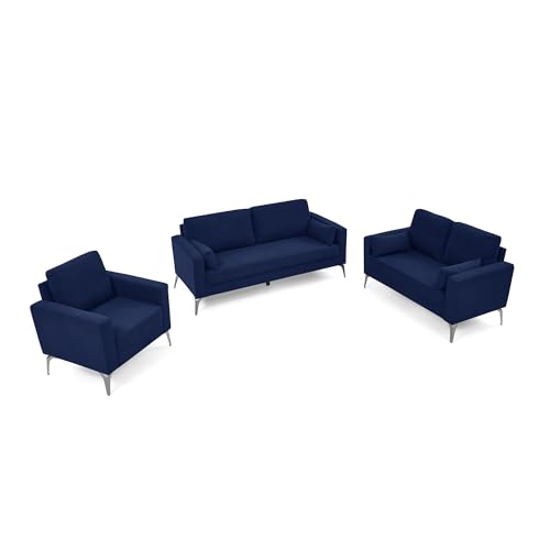 FANYE 3 Pieces Living Room Sofa Sets Include Armchair,Loveseat and 3Seaters Couch,Corduroy Upholstered Tufted Sofa&Couch with 4 Pillows and Metal Legs for Home Office Apartment
