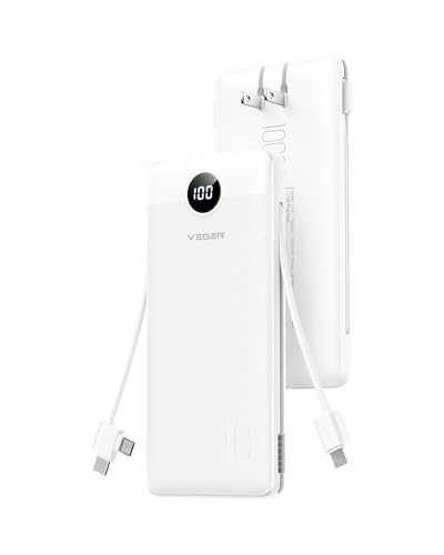 10000mAh Portable Charger with Built-In Plug and Cables