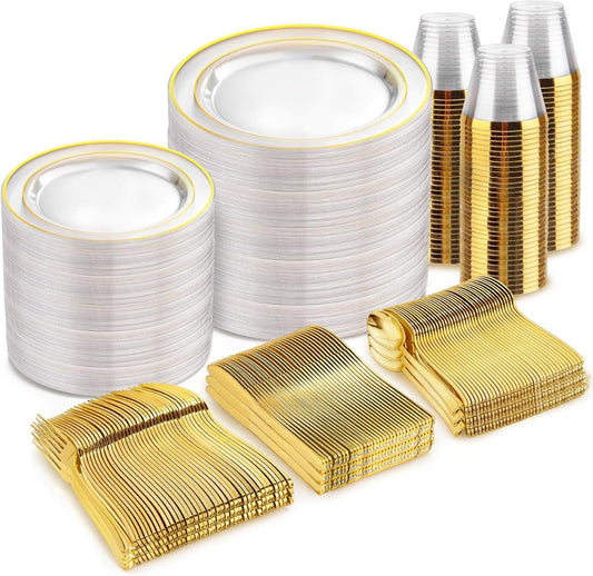 600 Count Plastic Plates with Gold Trim