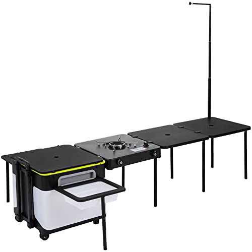 VEVOR Camping Kitchen, Outdoor Cooking Station Multifunctional Integrated Box with Wheels & Windproof Stove Portable Folding Tables Storage Organizer, for Picnic BBQ Beach Traveling, Black