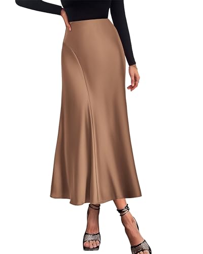 KIRUNDO High Waisted Satin A-Line Maxi Skirt