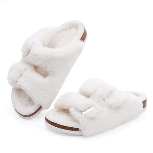 Fuzzy Cork Footbed Slippers Fluffy Open Toe Slides (10 Colors!)