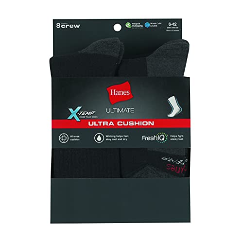 Hanes Ultimate Men's Max Cushioned Crew Socks, Moisture-Wicking with Odor Control, Multi-Pack, Black/Grey Foot Bottom-8 Pack, 6-12
