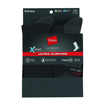 Hanes Ultimate Men's Max Cushioned Crew Socks, Moisture-Wicking with Odor Control, Multi-Pack, Black/Grey Foot Bottom-8 Pack, 6-12