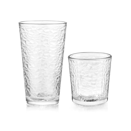 Libbey Yucatan Tumbler and Rock Glasses Drinking Set, Textured Drinking Glasses Set of 16, All Purpose Glass Cups Set for Events and Everyday Use