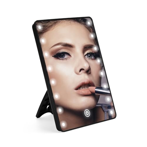 Vanity Makeup Mirror with Lights, Touch Dimming Screen 16 LED Lighted Vanity Travel Portable Mirror, Black Cosmetic Tabletop Wall Mirror Gifts for Mothers, Mom, Wife, Women, Girl