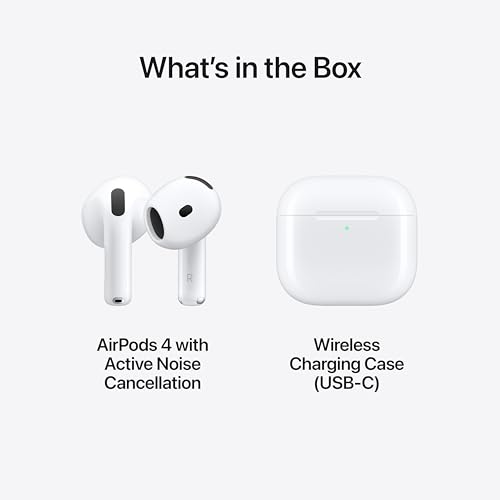 Apple AirPods 4 Wireless Earbuds, Bluetooth Headphones, with Active Noise Cancellation, Adaptive Audio, Transparency Mode, Personalized Spatial Audio, USB-C Charging Case, Wireless Charging, H2 Chip