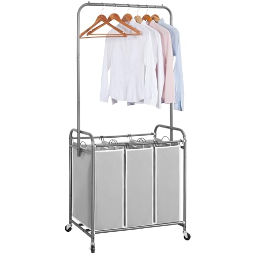 136L 3-Section Rolling Laundry Sorter with Bar