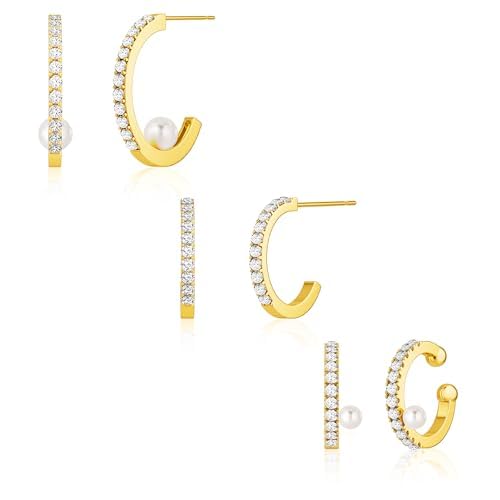 Dainty Pearl and Cubic Zirconia Hoop Earrings Set