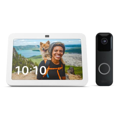 White Echo Show, Black Video Doorbell: Echo Show 8 (3rd Gen, 2023 release | Glacier White) bundle with Blink Video Doorbell (Black)