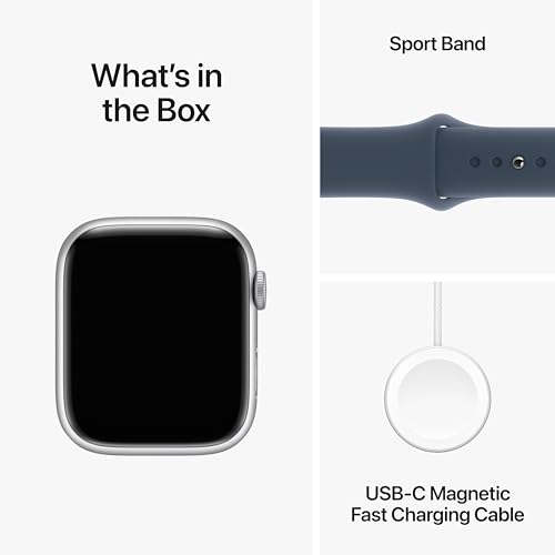 Apple Watch Series 9 [GPS 45mm] Smartwatch with Storm Blue Aluminum Case with Silver Sport Band M/L. Fitness Tracker, Blood Oxygen & ECG Apps, Always-On Retina Display