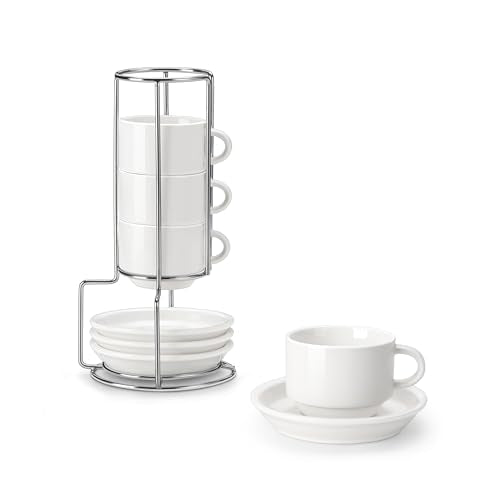 4 Pack Espresso Cups with Saucers and Metal Stand