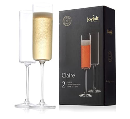 JoyJolt Champagne Flutes – Claire Collection Crystal Champagne Glasses Set of 2 – 5.7 Ounce Capacity – Exquisite Craftsmanship – Ideal for Home Bar, Special Occasions – Made in Europe