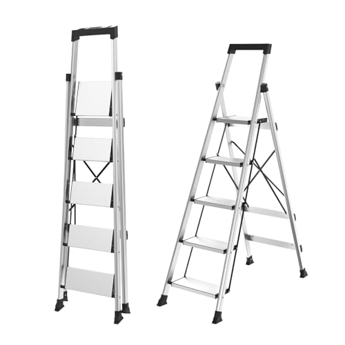 HBTower 5 Step Aluminum Folding Ladder with Tool Tray