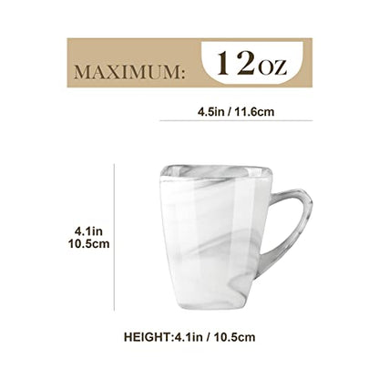 MALACASA Coffee Mugs Set, 12 OZ Porcelain Square Mugs Set of 6, Marble Tea Cups Mugs with Handle for Espresso, Cappuccino,Tea and Cocoa, Series BLANCE