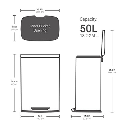 QUALIAZERO 50L Stainless Steel Step Trash Can