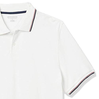 Amazon Essentials Men's Slim-Fit Cotton Pique Polo Shirt, White/Red/Navy, Medium