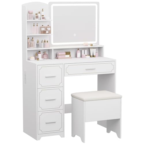 Vanity Table with LED Mirror, Power Outlet, Shelves, Drawers