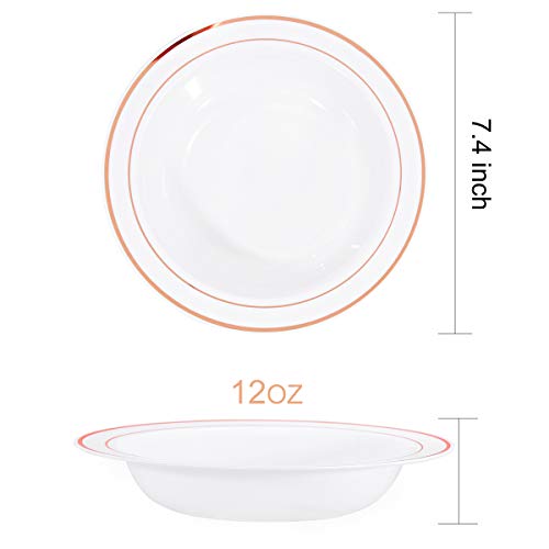 WDF 50Guest Rose Gold Plastic Plates with Disposable Plastic Silverware& Rose Gold Cups&Rose Gold Plastic Bowls&Hand Napkins-Plastic Dinnerware for Wedding&Parties