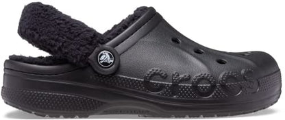 Crocs Unisex-Adult Baya Lined Fuzz Strap Clogs, Black/Black, 11 US