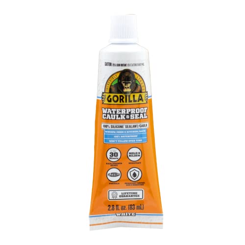 Gorilla Waterproof Caulk & Seal 100% Silicone Sealant, White, 2.8oz Squeeze Tube (Pack of 2)