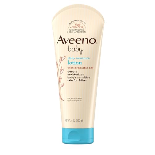 Aveeno Baby Daily Moisture Body Lotion for Sensitive Skin, Hypoallergenic Moisturizing Baby Lotion with Nourishing Oatmeal to Deeply Moisturize Baby's Skin, Fragrance-Free, 8 fl. oz