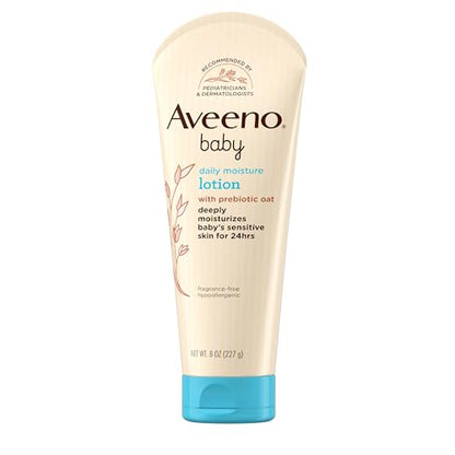 Aveeno Baby Daily Moisture Body Lotion for Sensitive Skin, Hypoallergenic Moisturizing Baby Lotion with Nourishing Oatmeal to Deeply Moisturize Baby's Skin, Fragrance-Free, 8 fl. oz