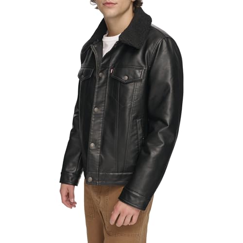 Levi's Men's Faux Leather Classic Trucker Jacket, Black W/Sherpa Collar, M