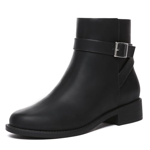 Athlefit Women's Chunky Heel Ankle Boots Buckle Booties