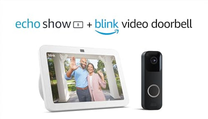 White Echo Show, Black Video Doorbell: Echo Show 8 (3rd Gen, 2023 release | Glacier White) bundle with Blink Video Doorbell (Black)