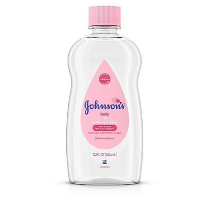 Johnson's Baby Oil, Pure Mineral Oil to help Prevent Moisture Loss for baby, Kids & Adults, Gentle & Soothing Baby Massage Oil for Dry Skin Relief, Original Scent, 14 fl. oz