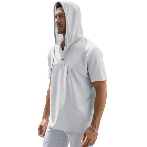 Muscle Killer Men's Henley Short Sleeve Casual Basic Hooded Tee Summer Button Henley Waffle T Shirt Hoodie White