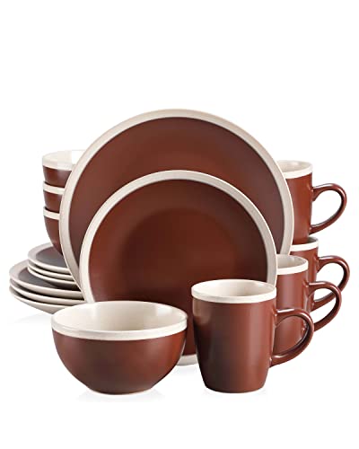 vancasso Seesami 16 Pieces Dinnerware Set Service For 4, Dark Brown and Cream Stoneware Made With Bowls Dinner Plates Dessert Plates and Mugs