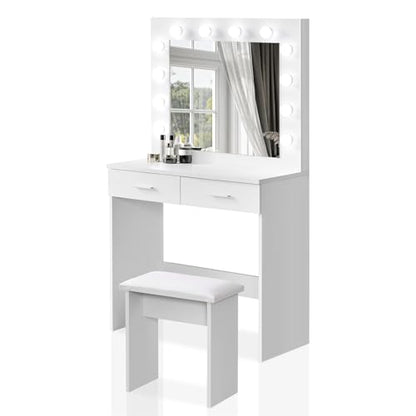 TUKAILAi Vanity Desk Set with Hollywood LED Lights, Mirror, 2 Large Drawers and Stool, Makeup Vanity Table with 3 Color Adjustable LED Lights for Bedroom (White)